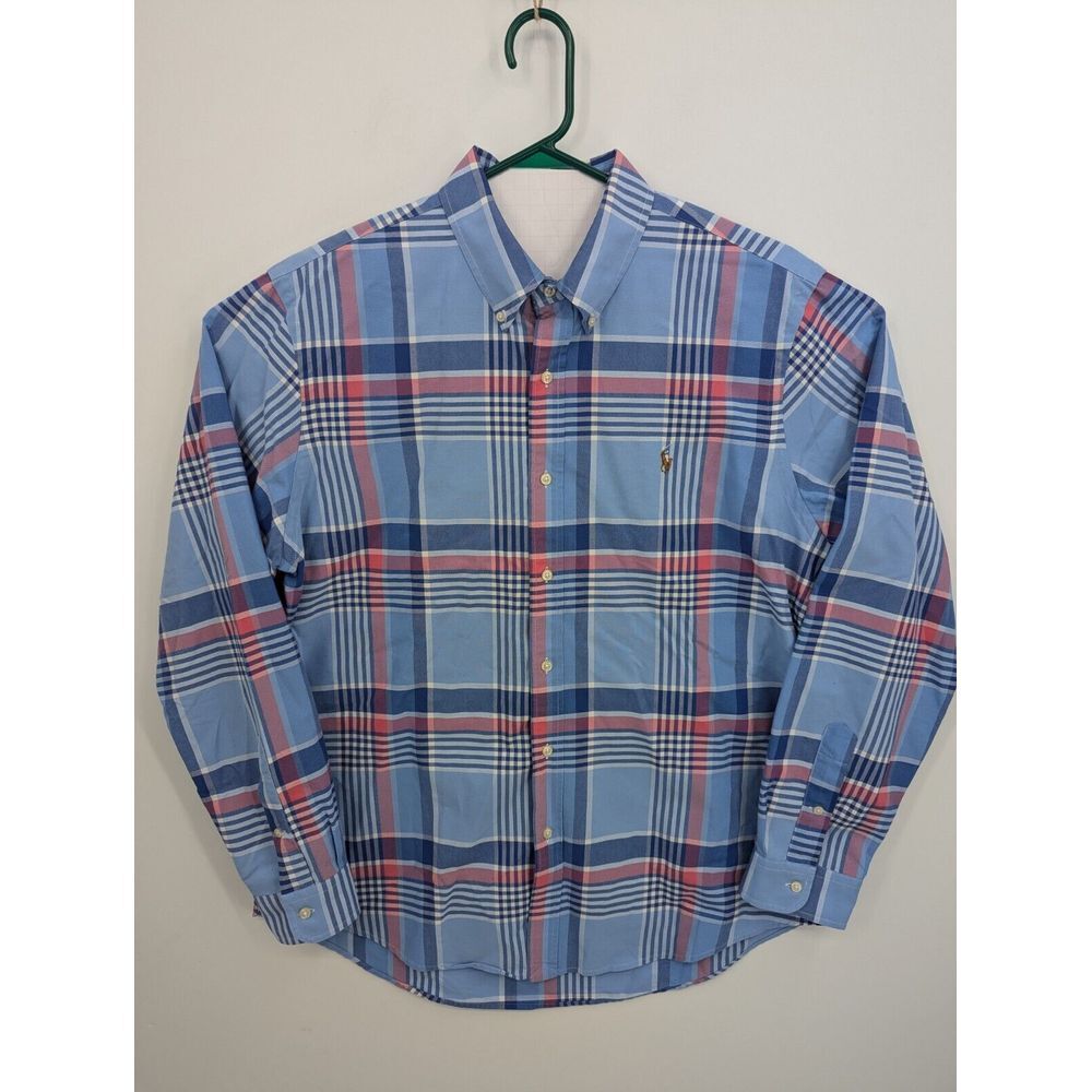 Ralph Lauren Men's Plaid Long Sleeve Button Down Shirt, Blue & Pink, XL, GREAT